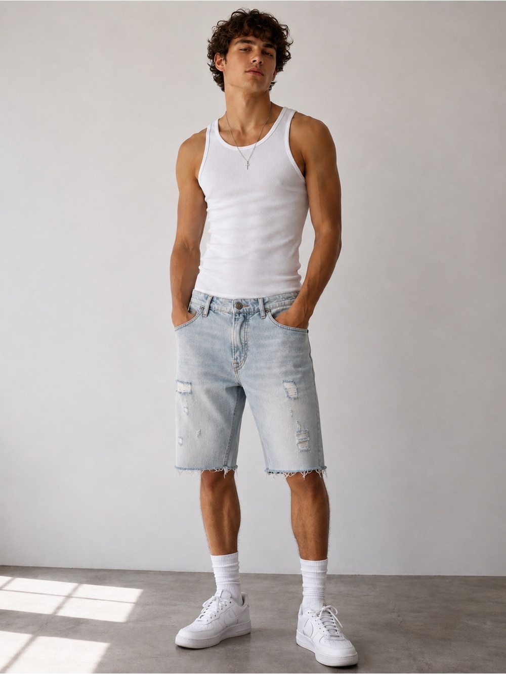 Express Men's Light Wash lightly Distressed Denim Shorts , Sz 28 guc
